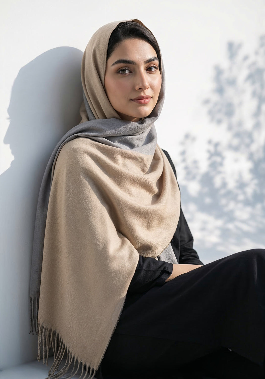 Dual Cashmere Hijab - Grey - Cream