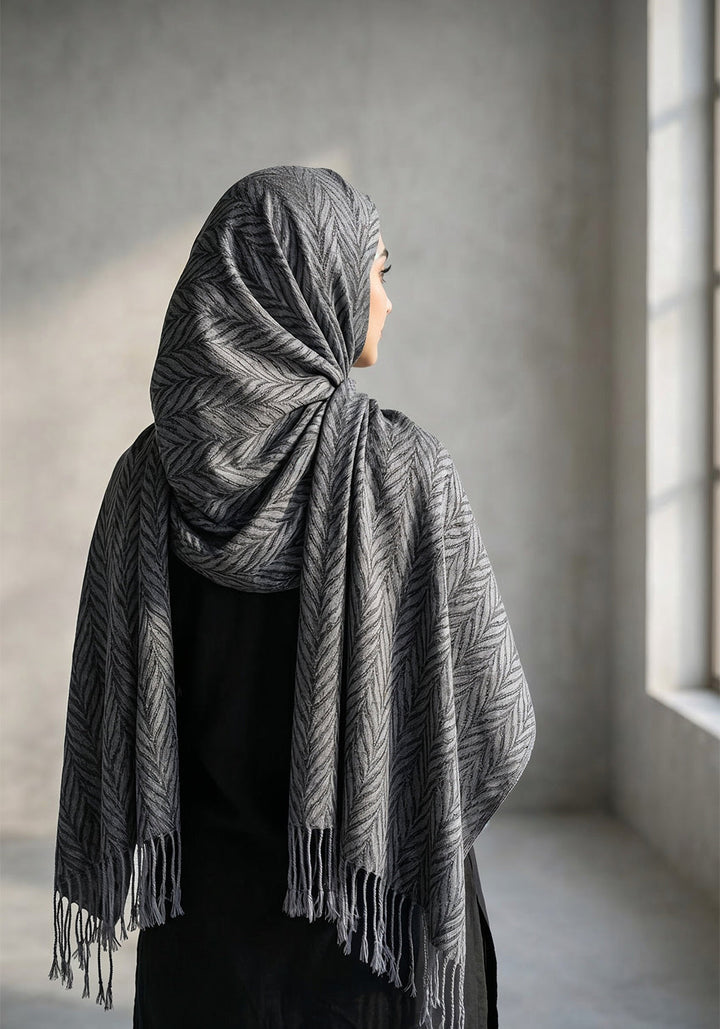 Palm Leaf Cashmere Hijab - Charcoal