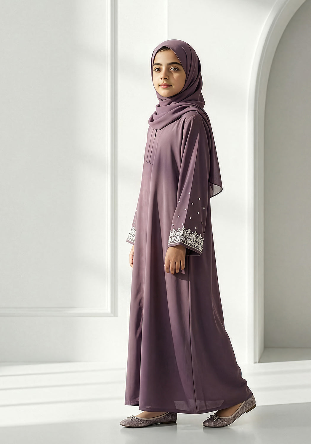 Mauve Handwork Kids Abaya