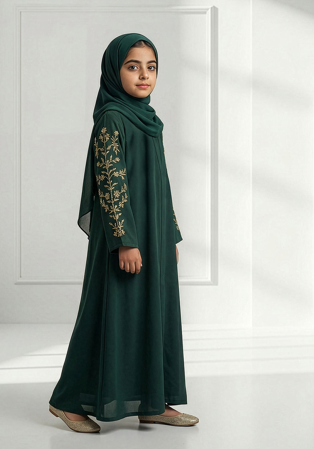 Bottle Green Handwork Kids Abaya