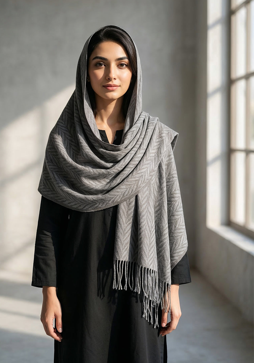 Palm Leaf Cashmere Hijab - Grey