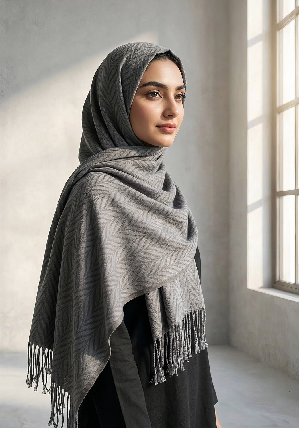 Palm Leaf Cashmere Hijab - Grey
