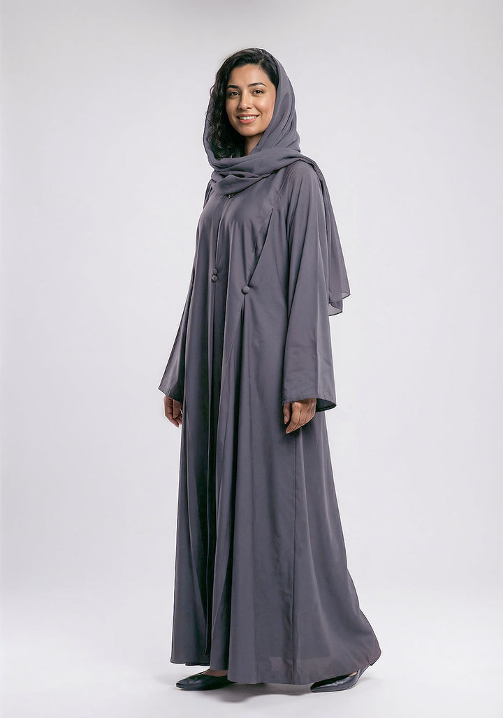 Free Size Pleated Button Abaya - Grey