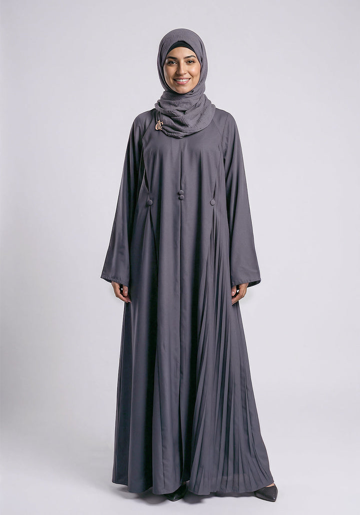 Free Size Pleated Button Abaya - Grey