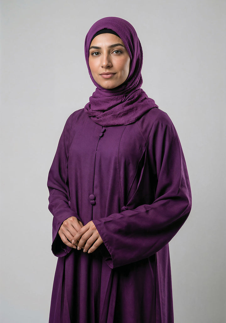Free Size Pleated Button Abaya - Purple