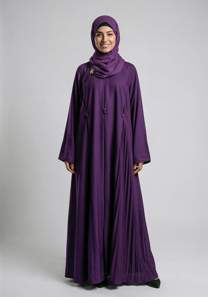 Free Size Pleated Button Abaya - Purple