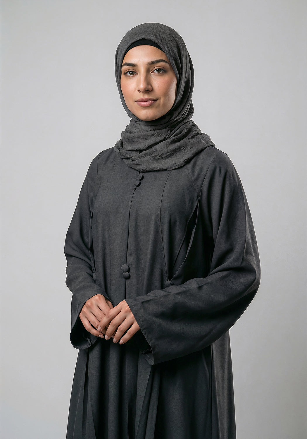 Free Size Pleated Button Abaya - Charcole