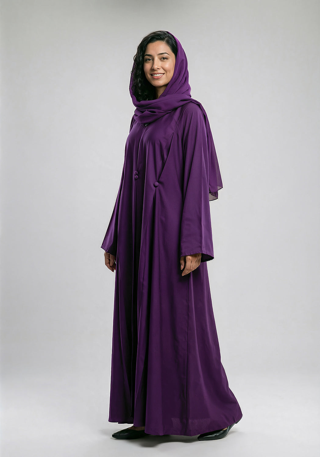 Free Size Pleated Button Abaya - Purple