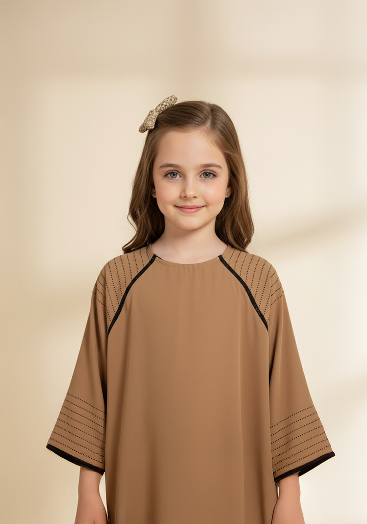 Fancy Kids Front Closed Abaya Camel