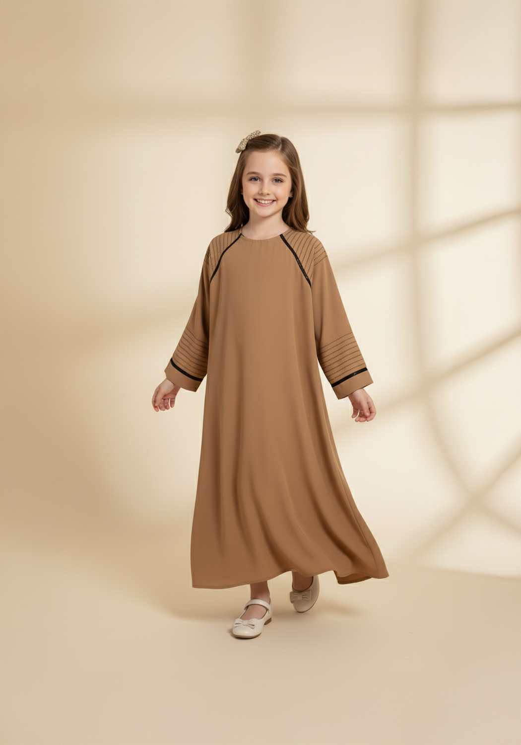 Fancy Kids Front Closed Abaya Camel