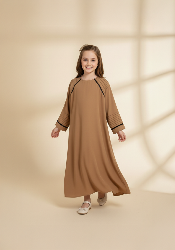 Fancy Kids Front Closed Abaya Camel
