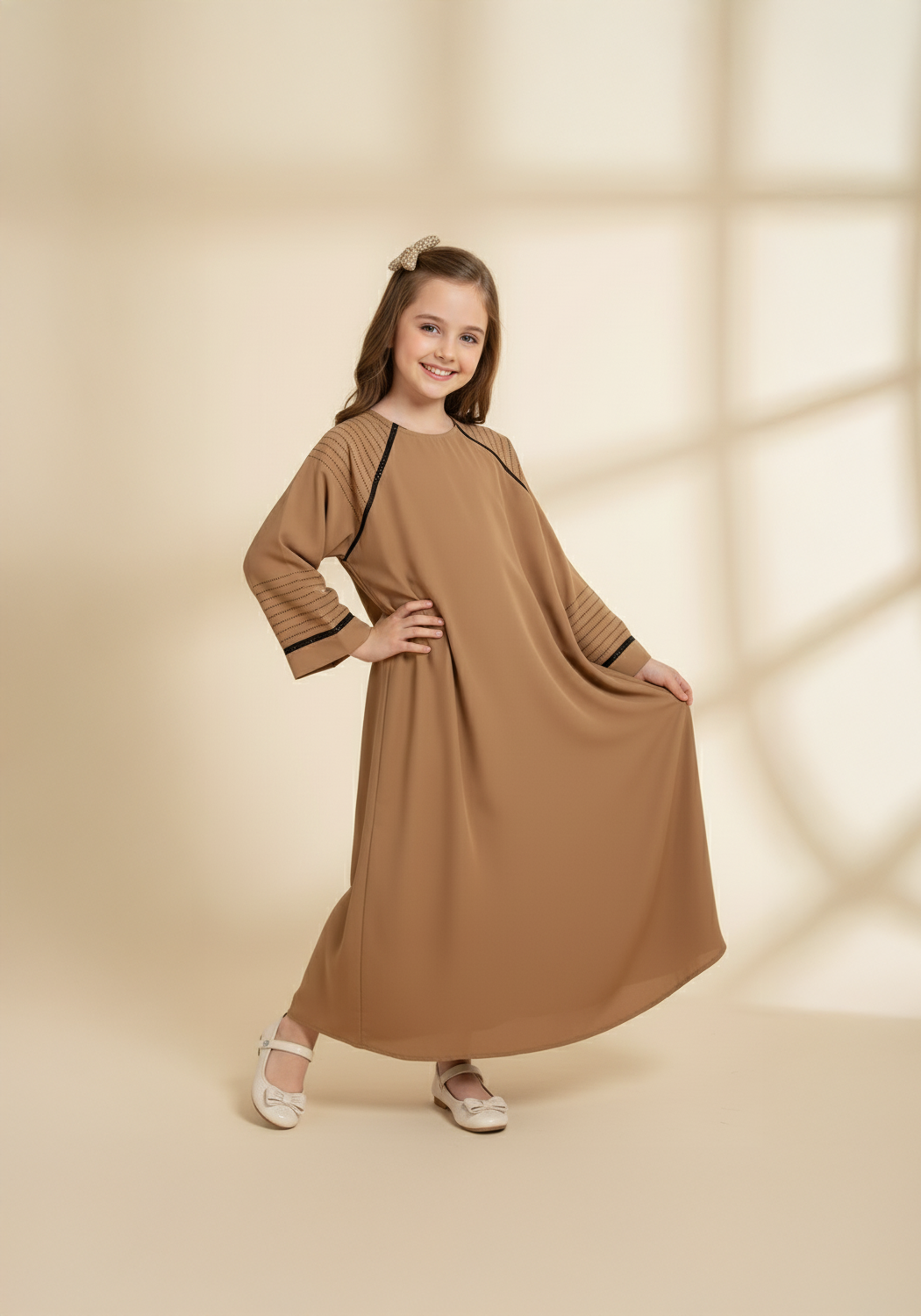 Fancy Kids Front Closed Abaya Camel
