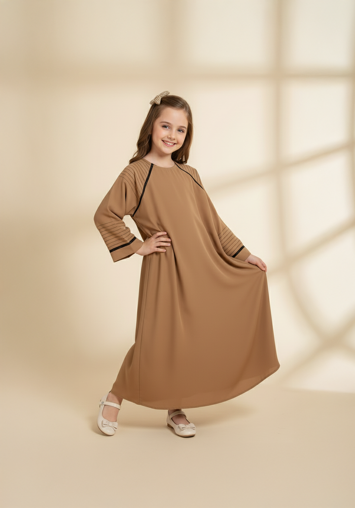 Fancy Kids Front Closed Abaya Camel