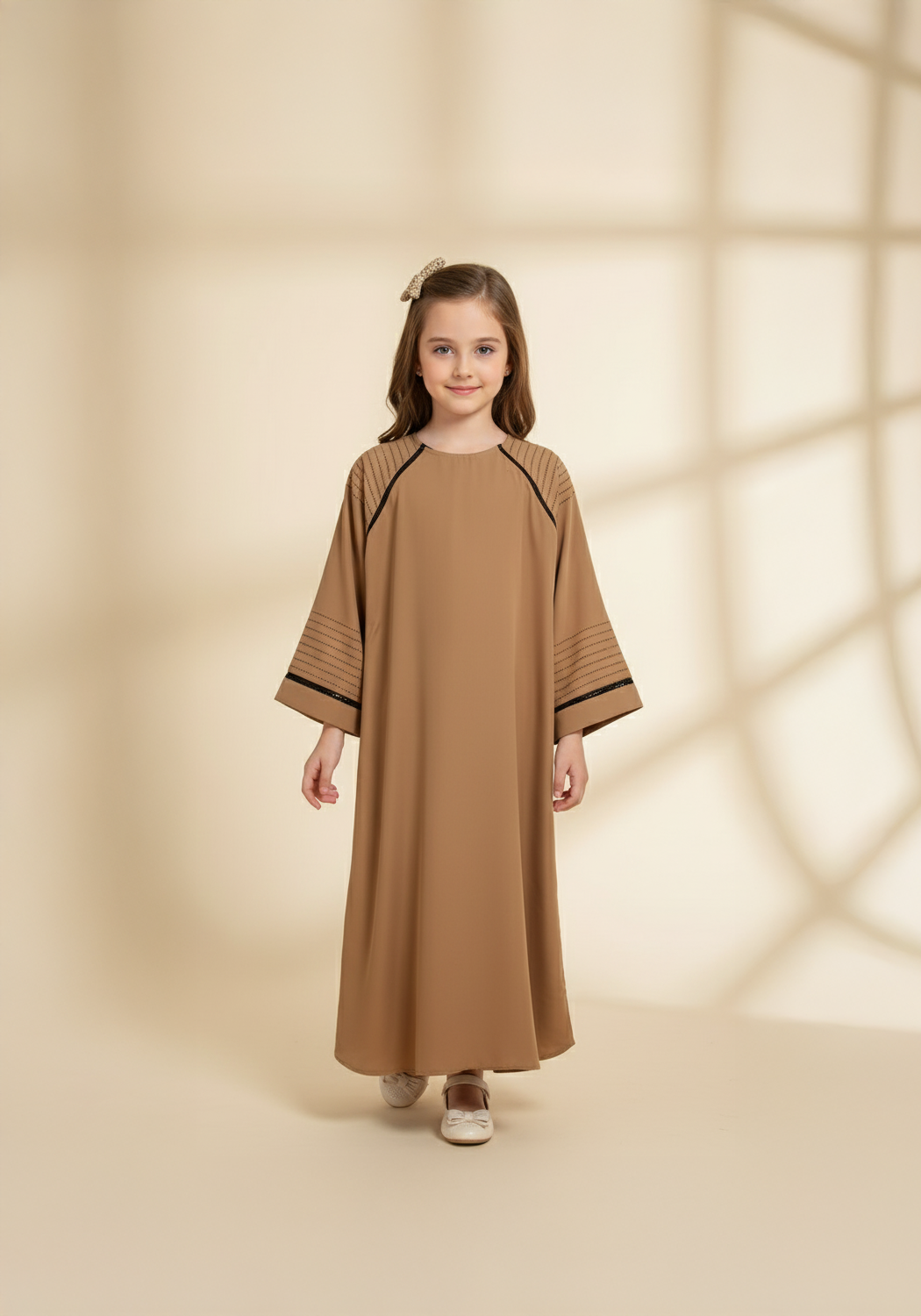 Fancy Kids Front Closed Abaya Camel