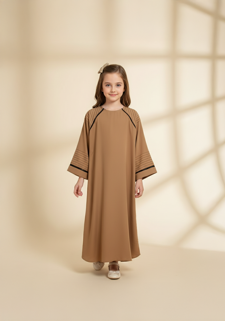Fancy Kids Front Closed Abaya Camel