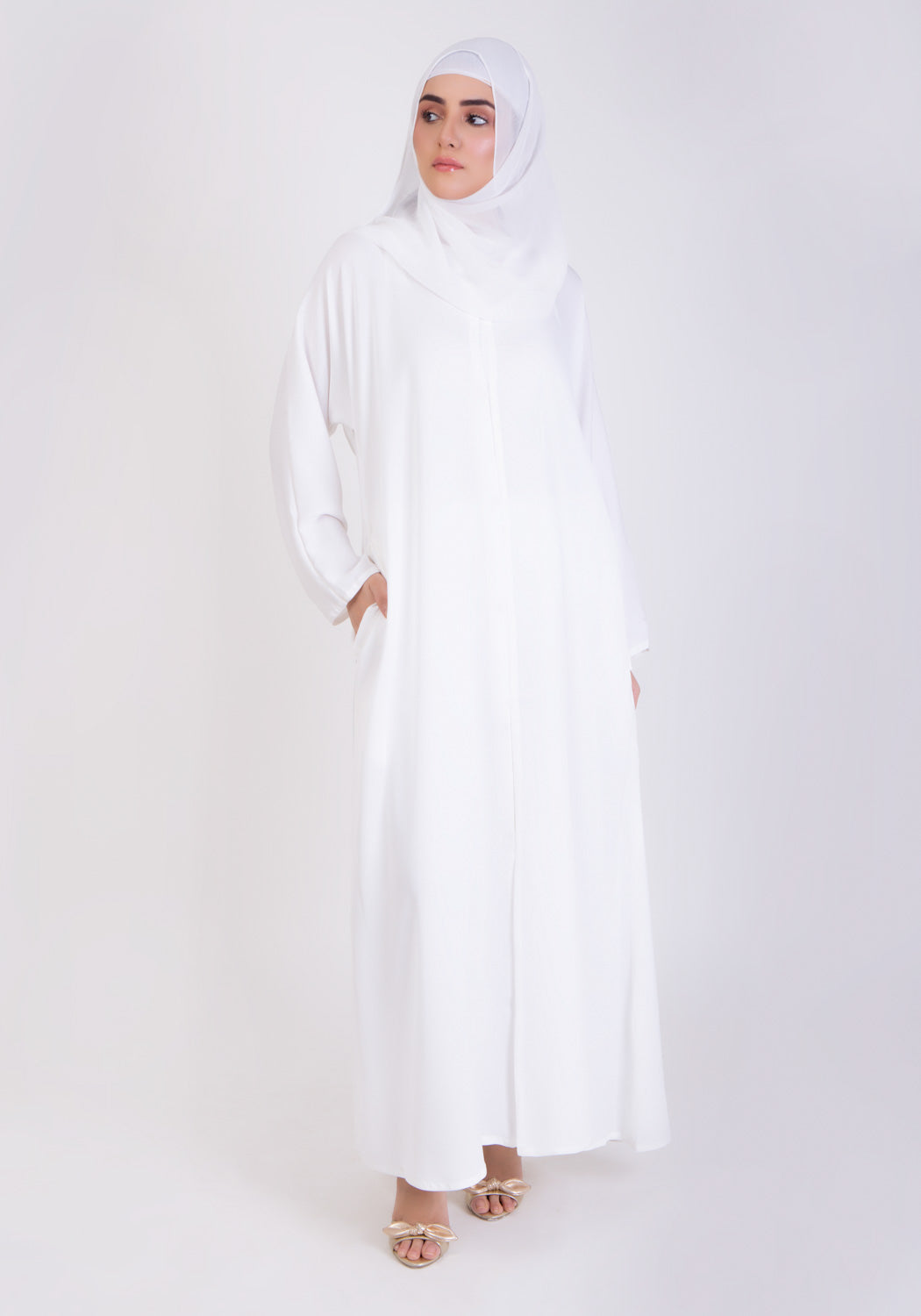 White Basic Front-Open Abaya - Abaya.pk