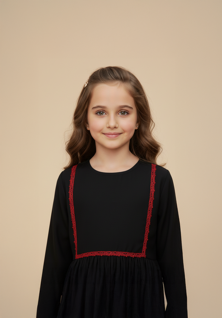 Kids Front Closed Black Red Lace Abaya