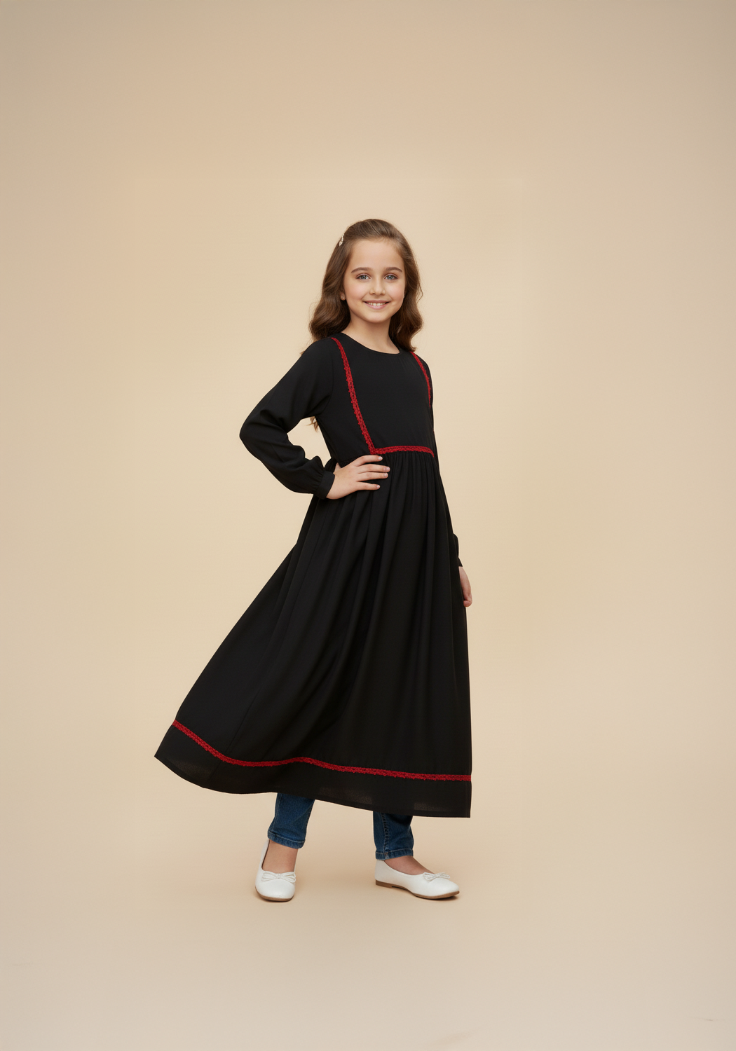 Kids Front Closed Black Red Lace Abaya