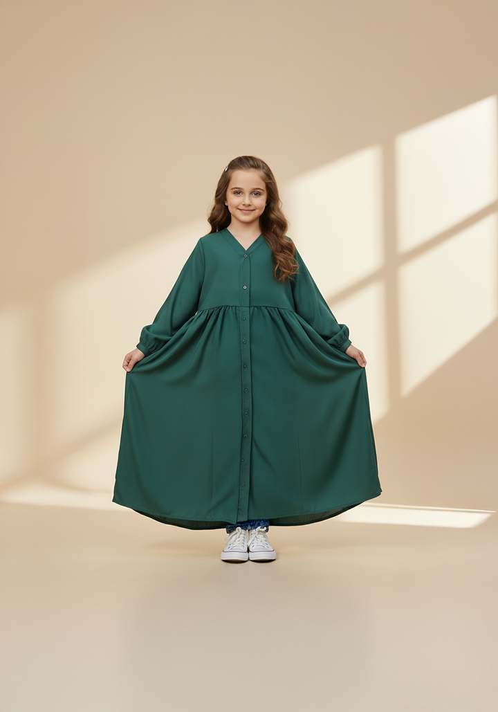Kids Front Open Green Abaya