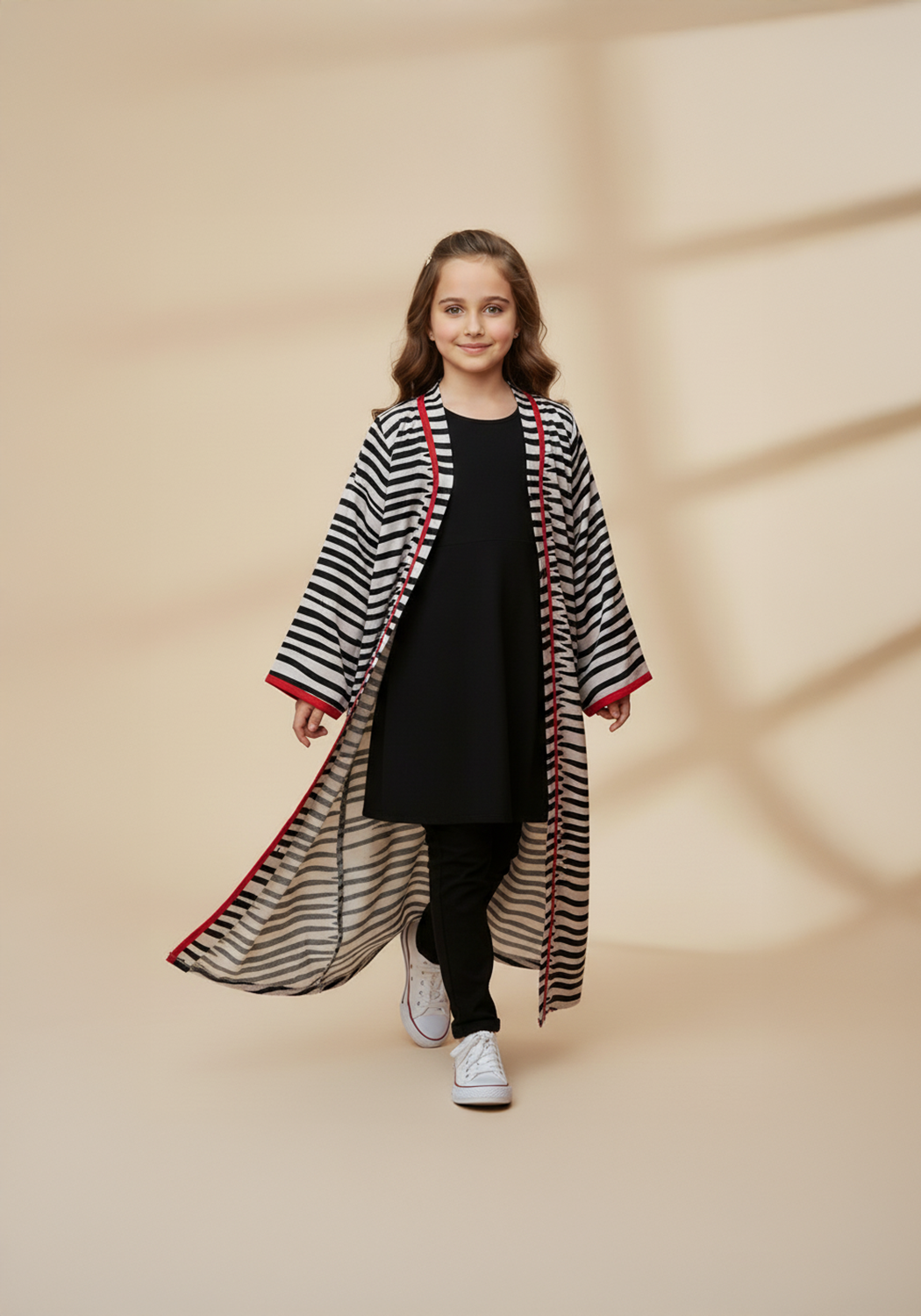 Kids Front Open Abaya Black Stripes
