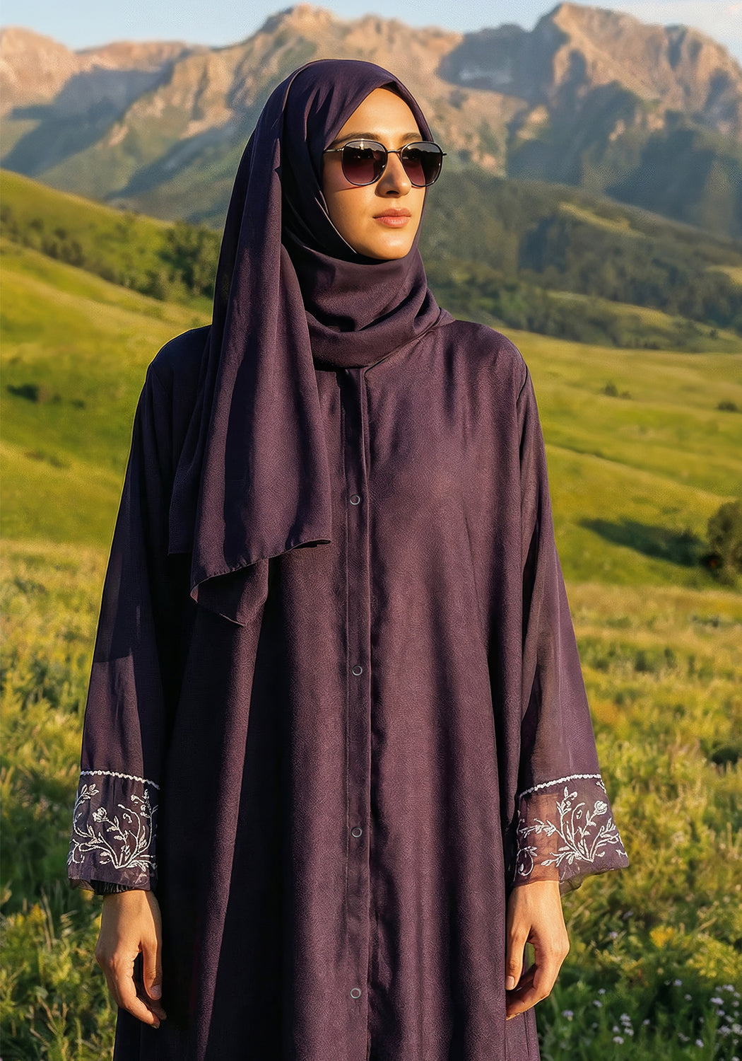 Purple Dabka Sleeves Abaya