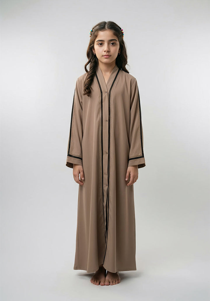 Fancy Kids Front Open Abaya Fawn