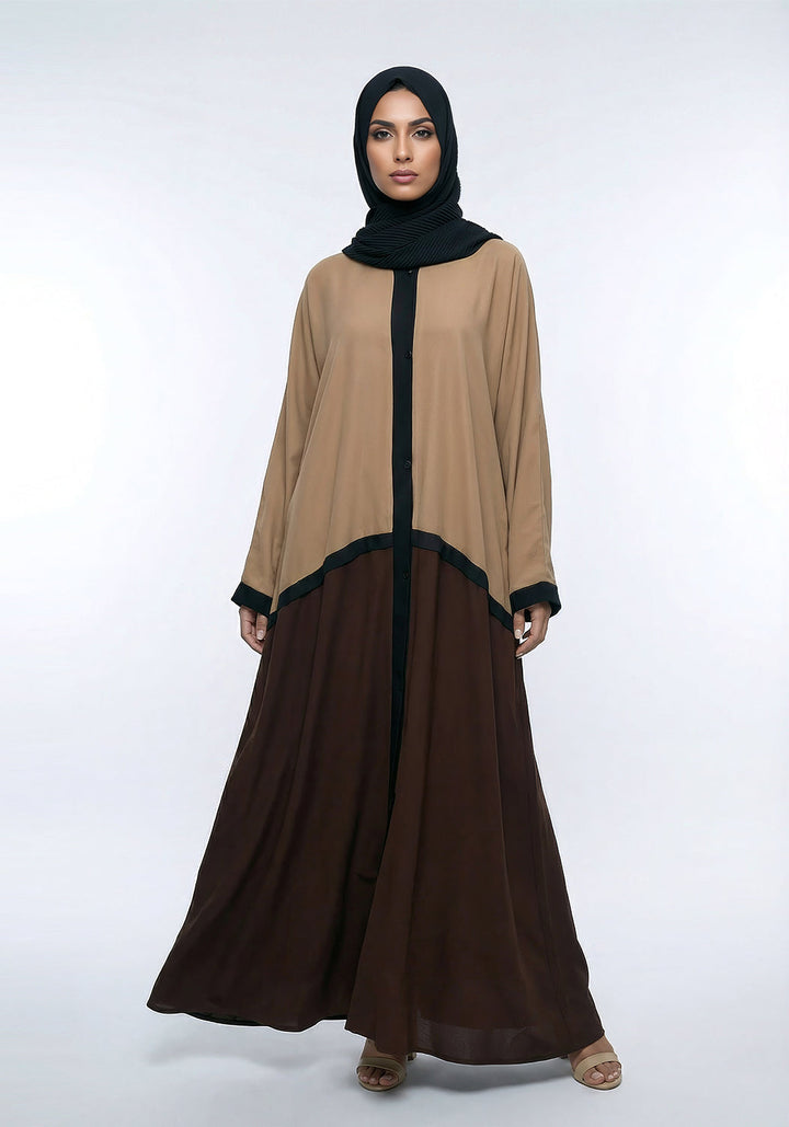 Bicolor Front Open Abaya - Brown and Caramel