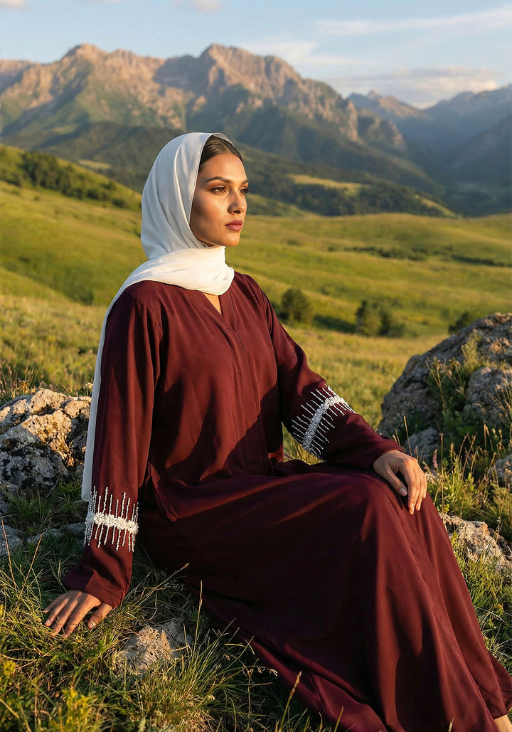 Maroon Abaya Handwork on Sleeves