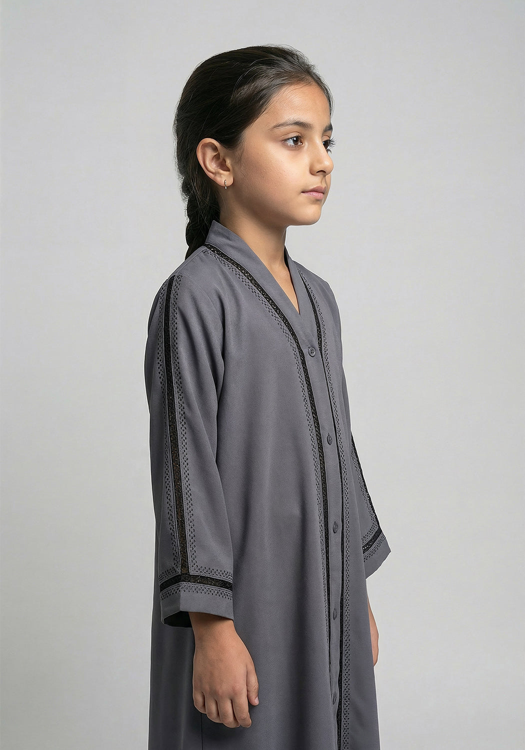 Fancy Kids Front Open Abaya Grey