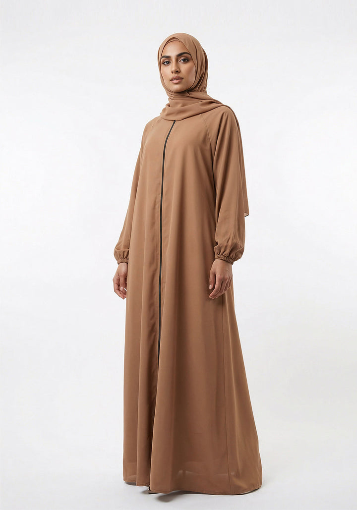 Zipper A-Line Abaya- Camel