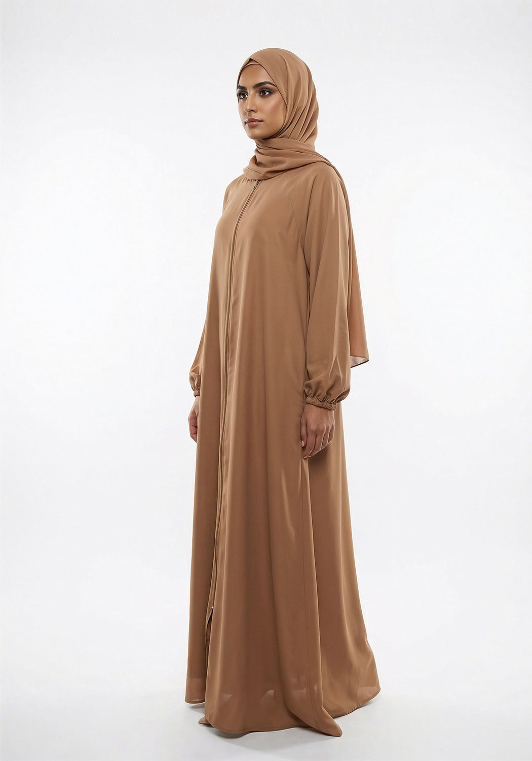 Zipper A-Line Abaya- Camel
