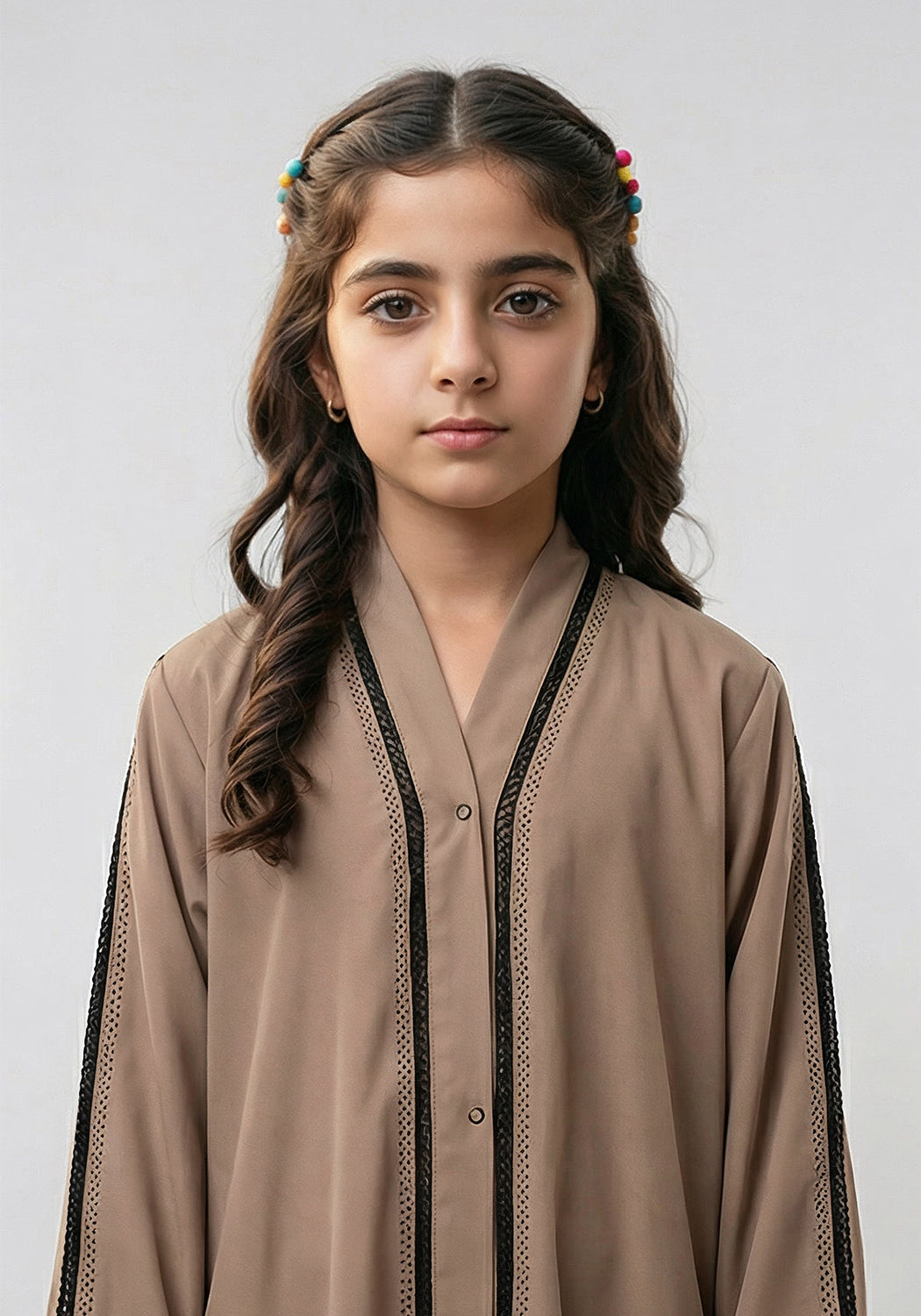 Fancy Kids Front Open Abaya Fawn