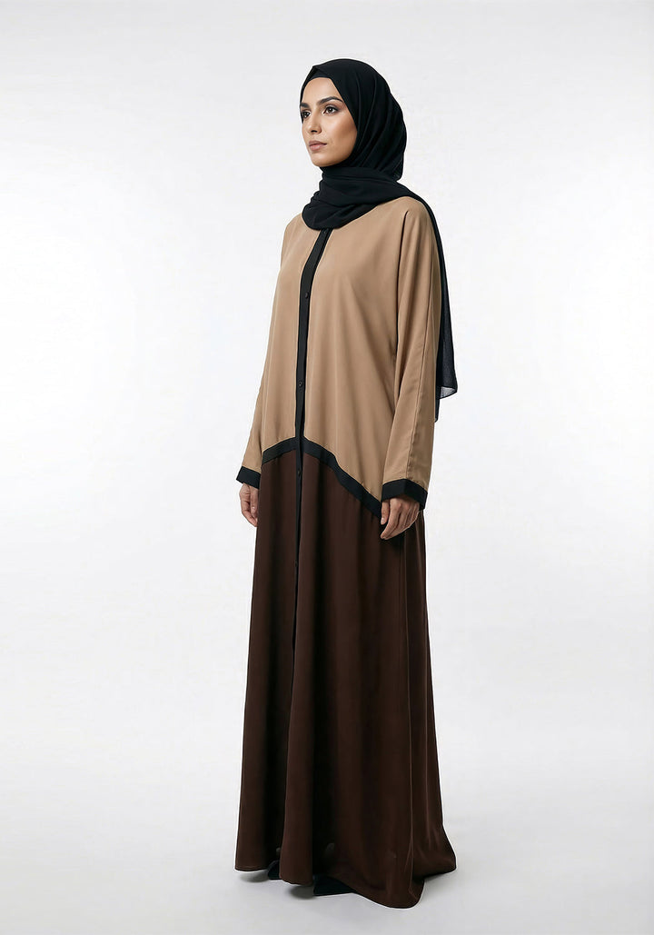 Bicolor Front Open Abaya - Brown and Caramel