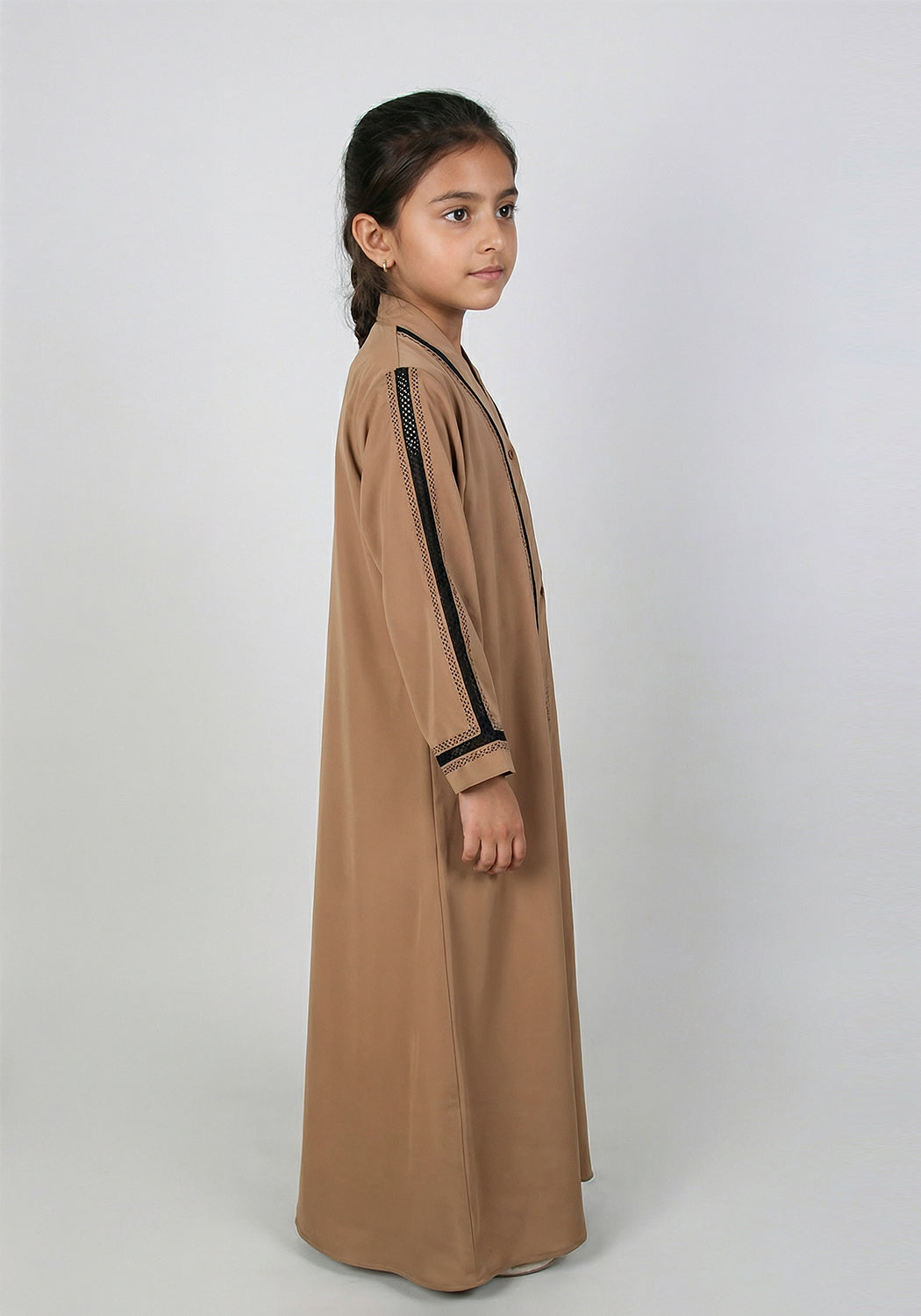 Fancy Kids Front Open Abaya Camel
