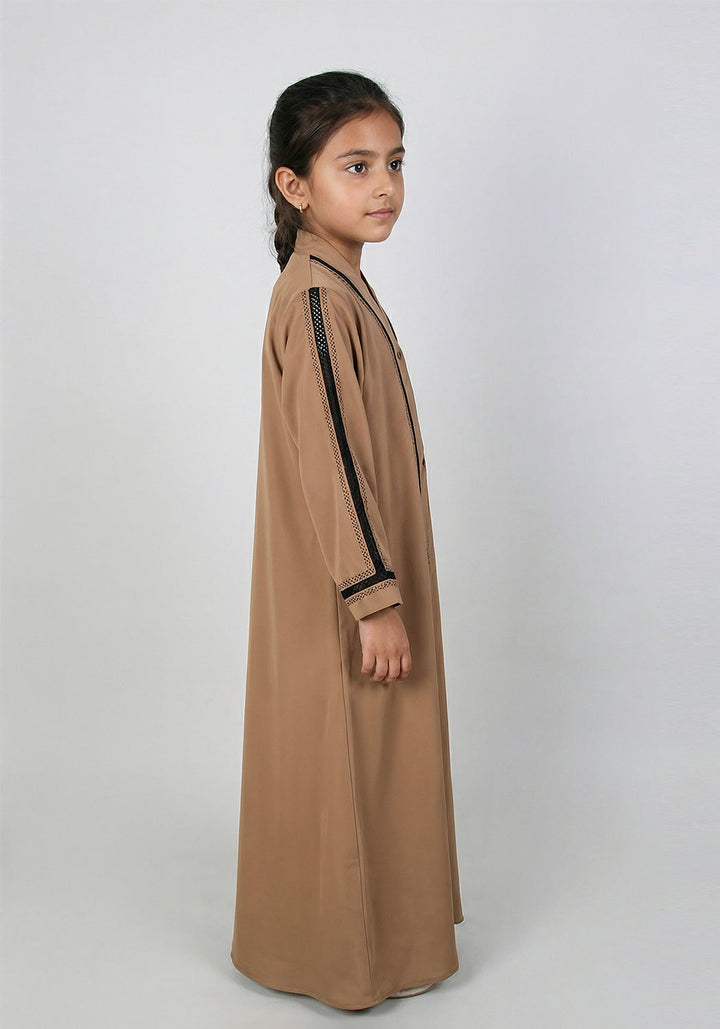 Fancy Kids Front Open Abaya Camel