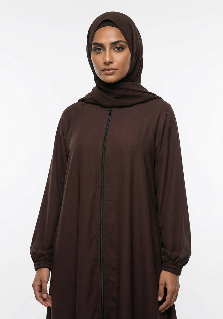 Zipper A-Line Abaya- Brown