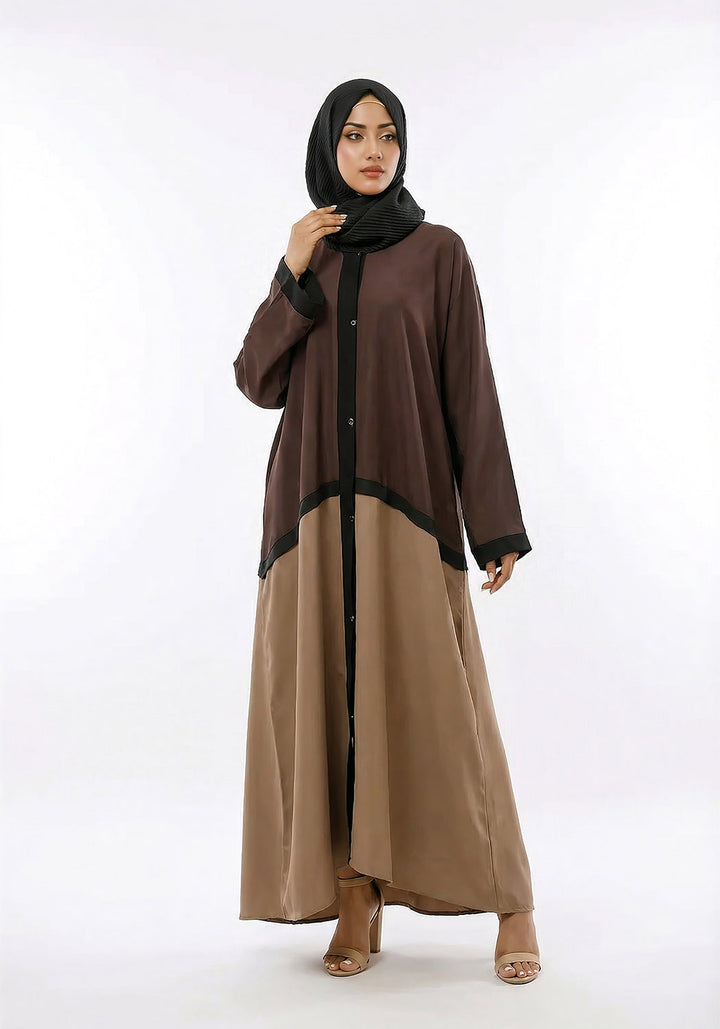 Bicolor Front Open Abaya Brown & Beige