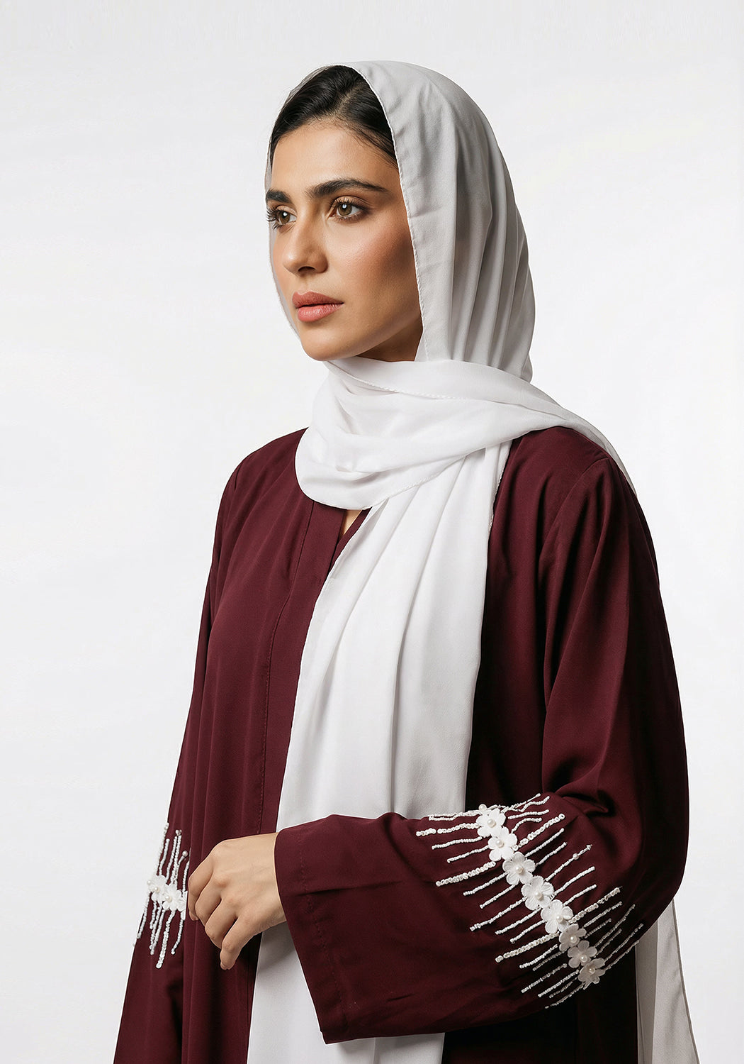 Maroon Abaya Handwork on Sleeves | Serene Threads