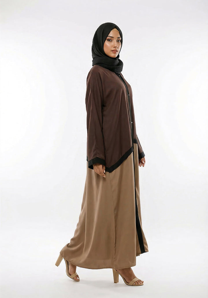 Bicolor Front Open Abaya Brown & Beige