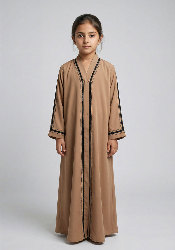 Fancy Kids Front Open Abaya Camel