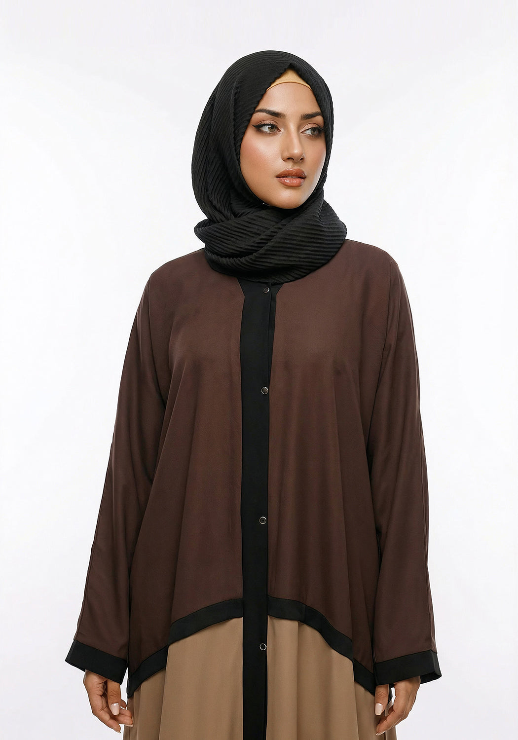 Bicolor Front Open Abaya Brown & Beige